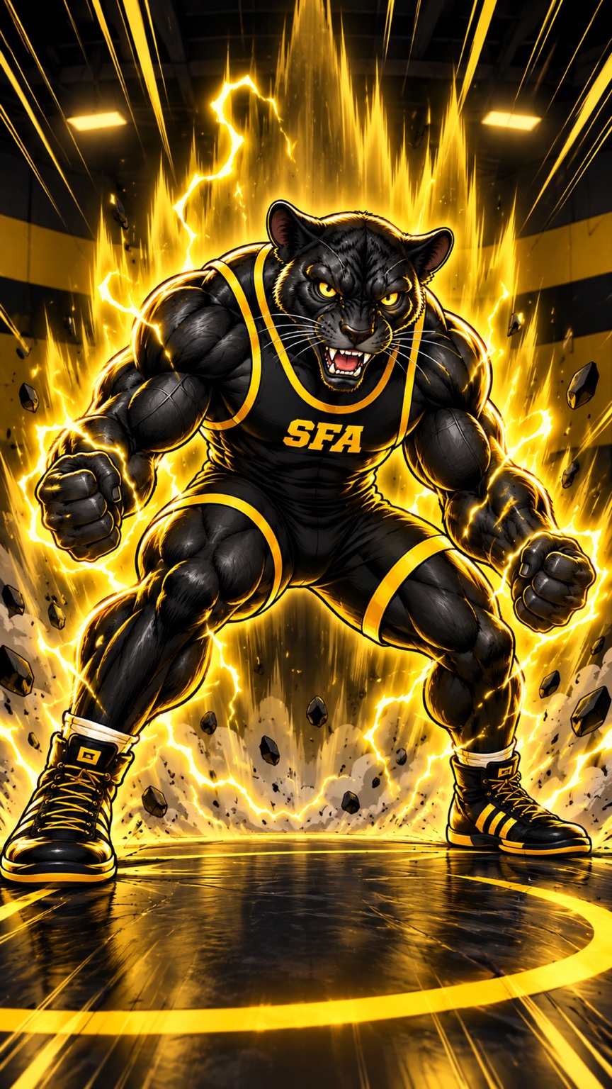 SFA Panther mascot surrounded by gold energy